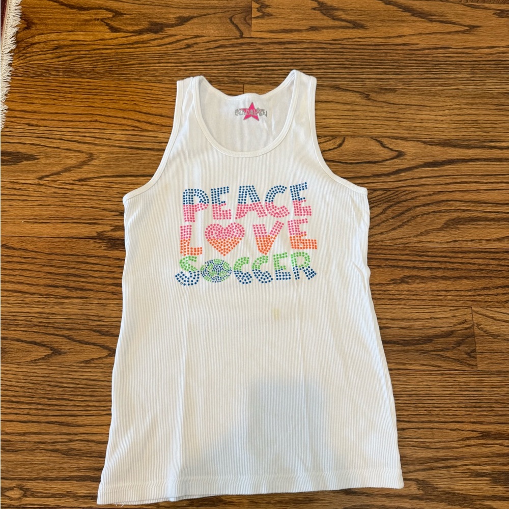 Hannah Sky Girls Peace Love Soccer White Tank Top Sz 14